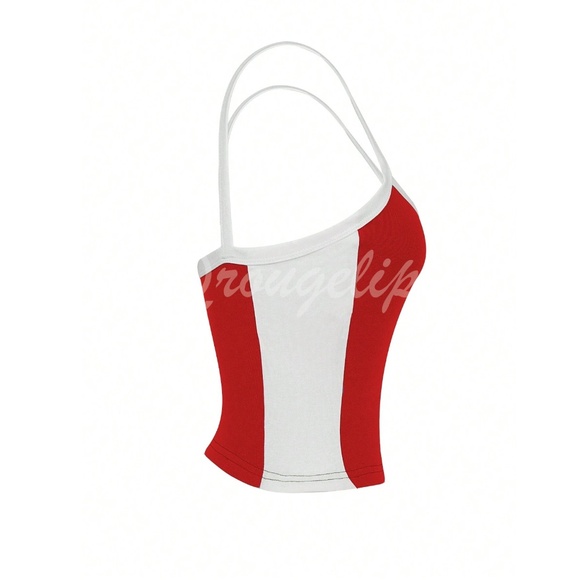 Red Crop Top Tank, White Binding Trim Stretchy - Picture 6 of 8